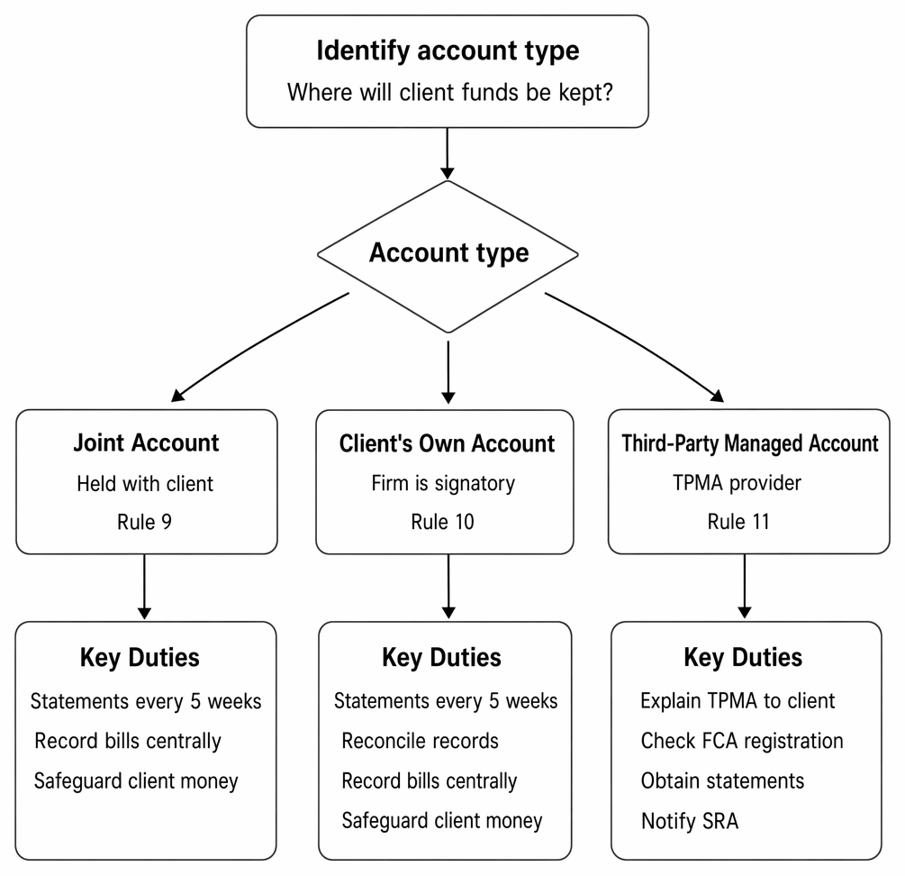 Joint accounts, client's own accounts operated by the firm, and third-party managed accounts under the SRA Accounts Rules 2019.