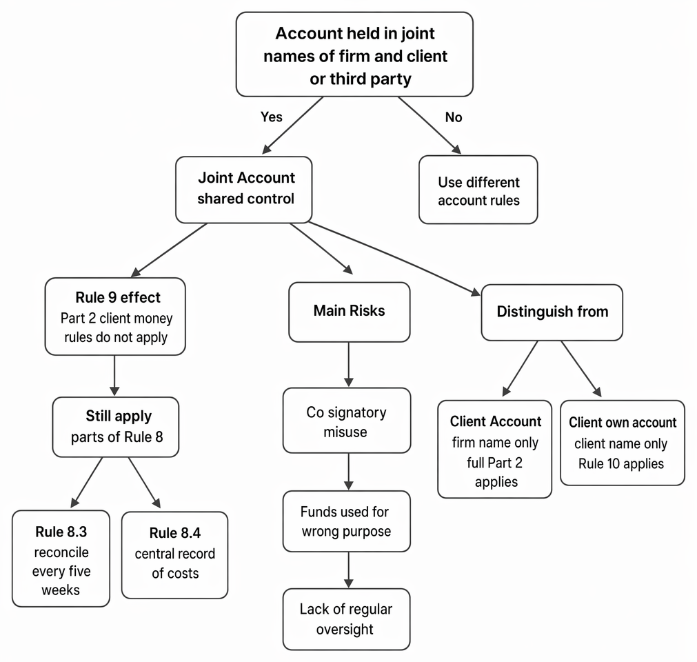 Joint accounts under SRA Accounts Rules 2019: Rule 9 effect, residual Rule 8 duties, main risks, and distinction from client and clients’ own accounts.