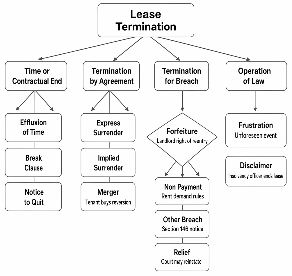 Termination of leases by effluxion of time, notice, surrender, merger, forfeiture, frustration and disclaimer.