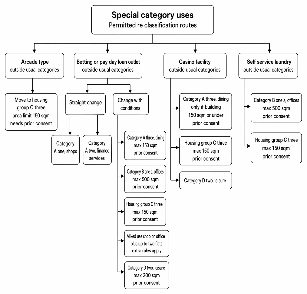 Permitted change-of-use routes for certain sui generis uses, including amusement arcades, betting or payday loan shops, casinos and launderettes.