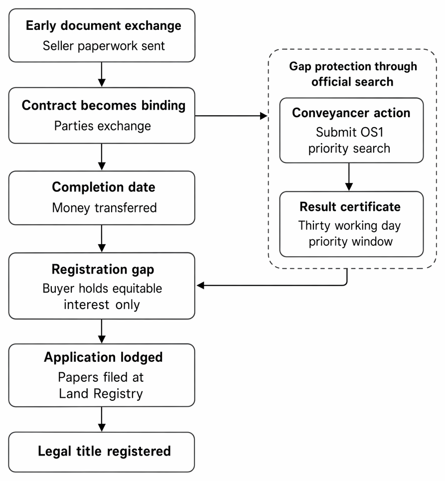Pre-completion conveyancing timeline from exchange to registration, including the registration gap and OS1 priority search protection.