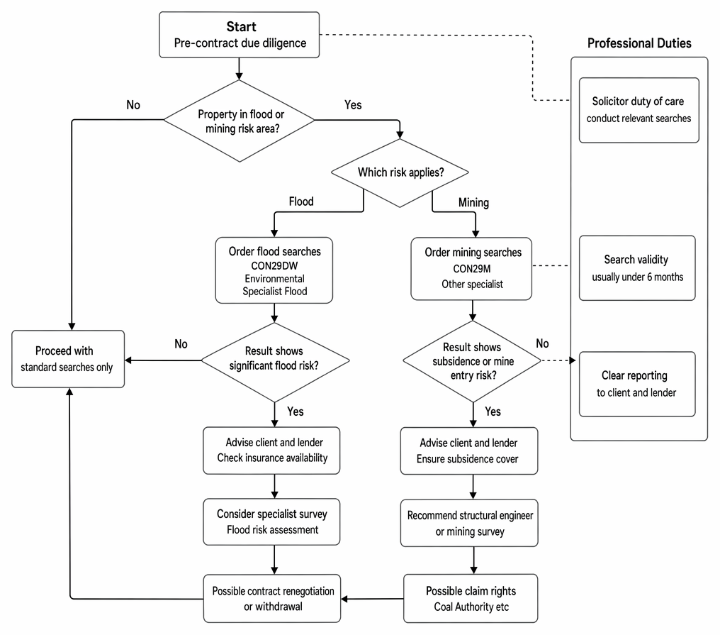 Pre-contract due diligence for flood and mining risk searches in conveyancing, including adverse findings, insurance, surveys, and reporting duties.