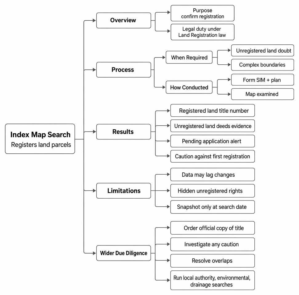 Index map searches in pre-contract conveyancing: purpose, Form SIM process, registration status results, limitations, and follow-up due-diligence.
