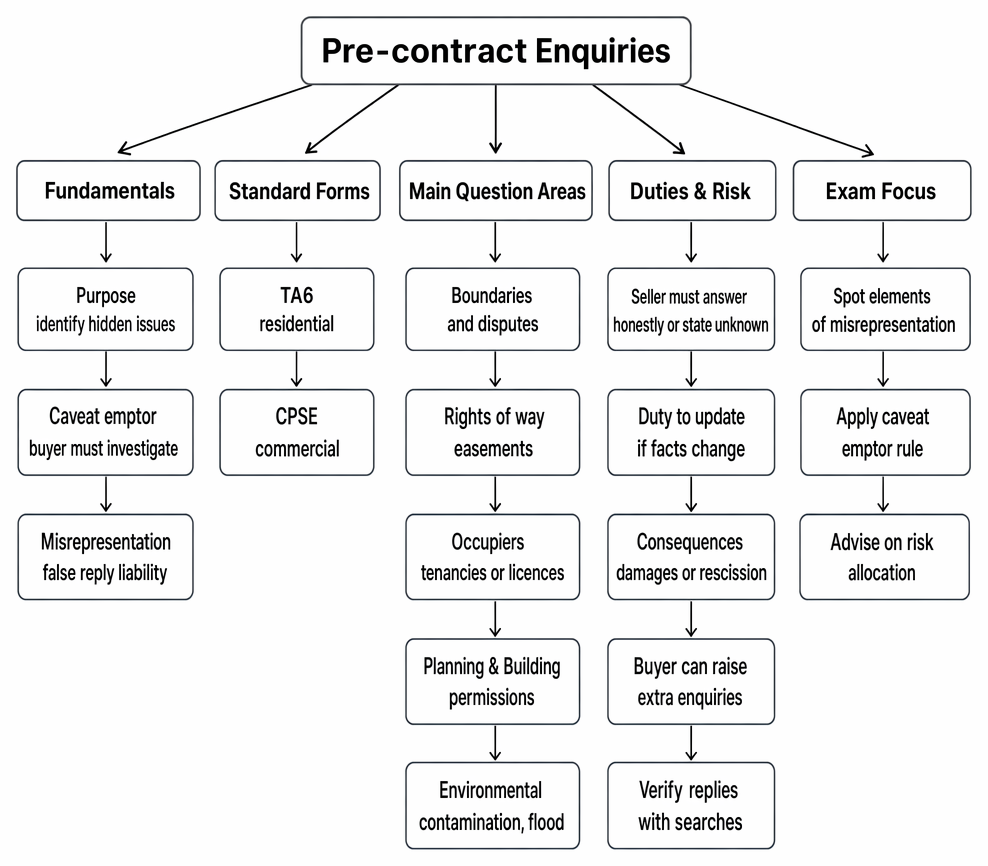 Pre-contract enquiries of the seller under caveat emptor, including TA6 and CPSE forms, principal enquiry topics, and misrepresentation risk.