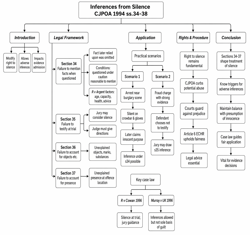 Inferences from silence under ss 34–38 Criminal Justice and Public Order Act 1994, including ss 34–37 triggers, case law and procedural safeguards.