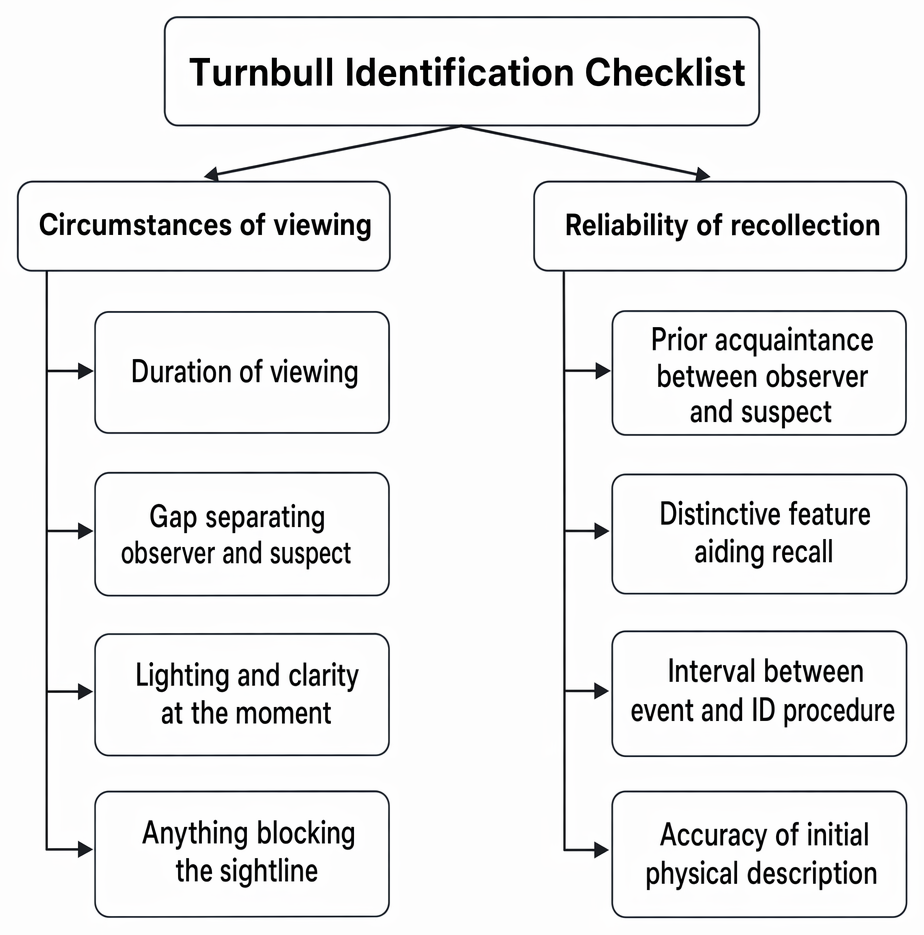 Turnbull identification checklist: circumstances of viewing and reliability of recollection in visual identification evidence.