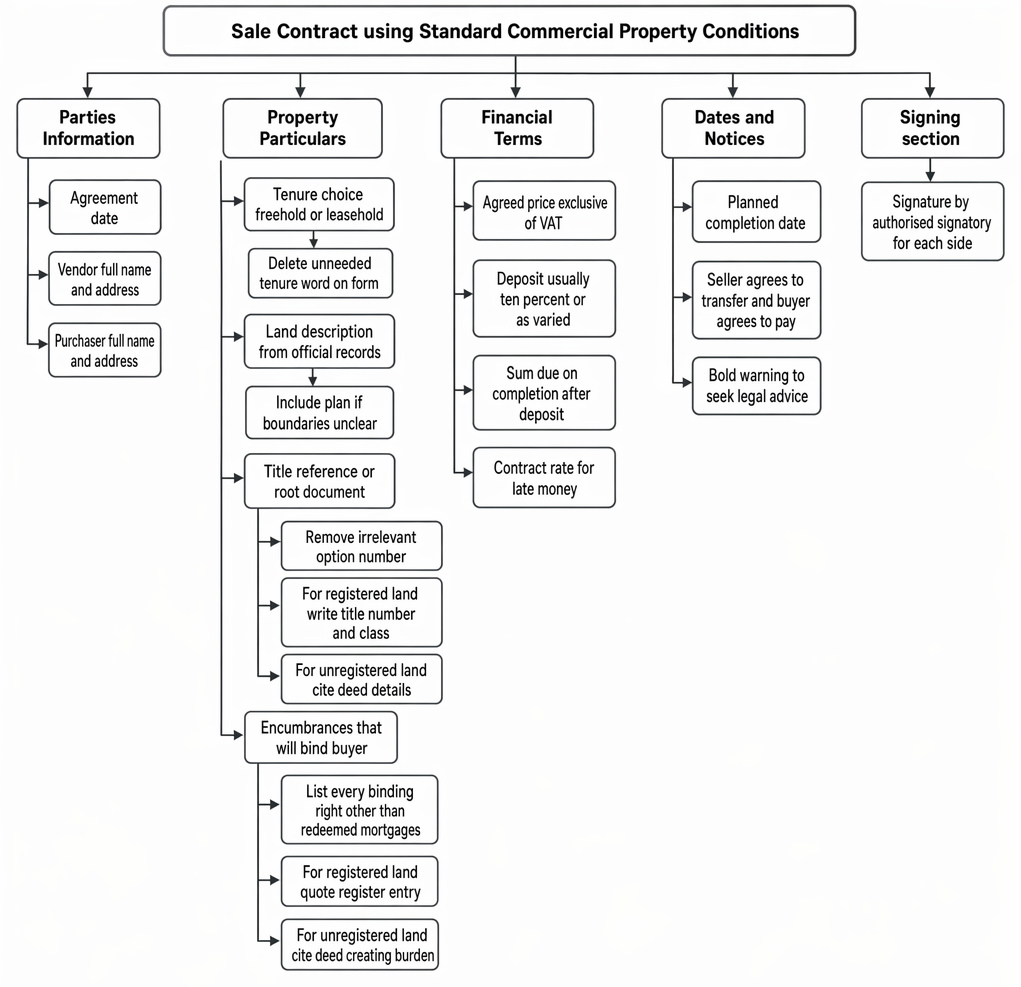 Contract particulars for a commercial property sale under the Standard Commercial Property Conditions, including parties, property, financial terms, dates, notices, and execution.