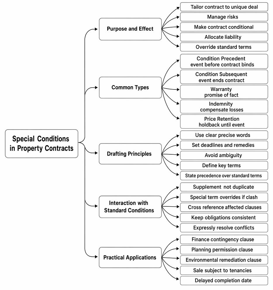 Special conditions in contracts for the sale of land: purpose, common forms, drafting principles, interaction with standard conditions, and practical applications.