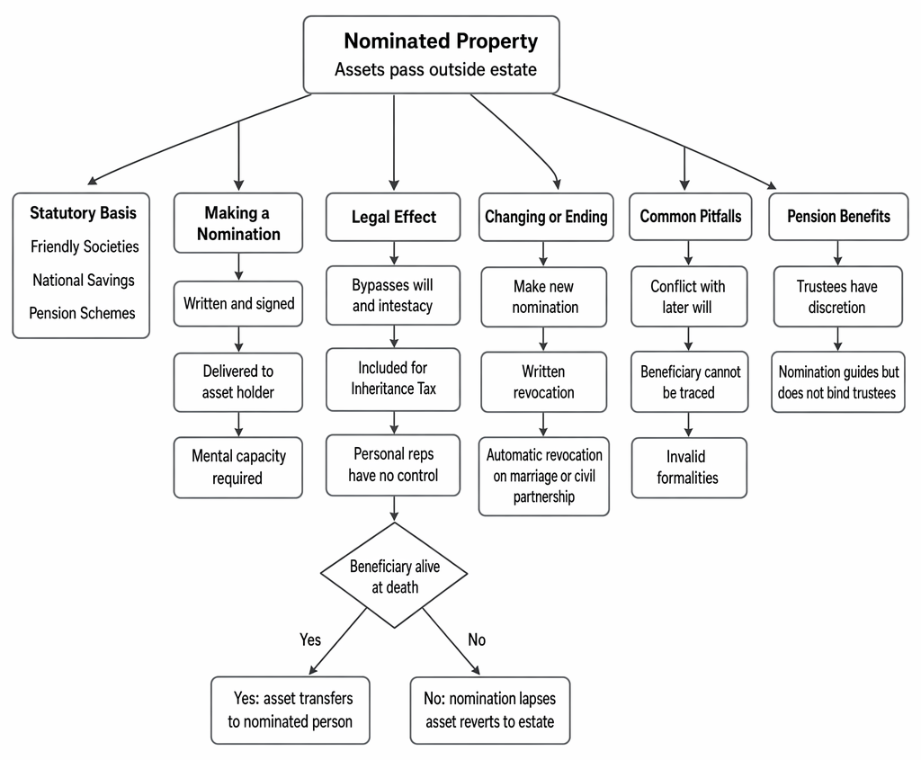 Nominated property passing outside the estate, including statutory basis, nomination formalities, legal effect, revocation, common pitfalls, and pension trustee discretion.