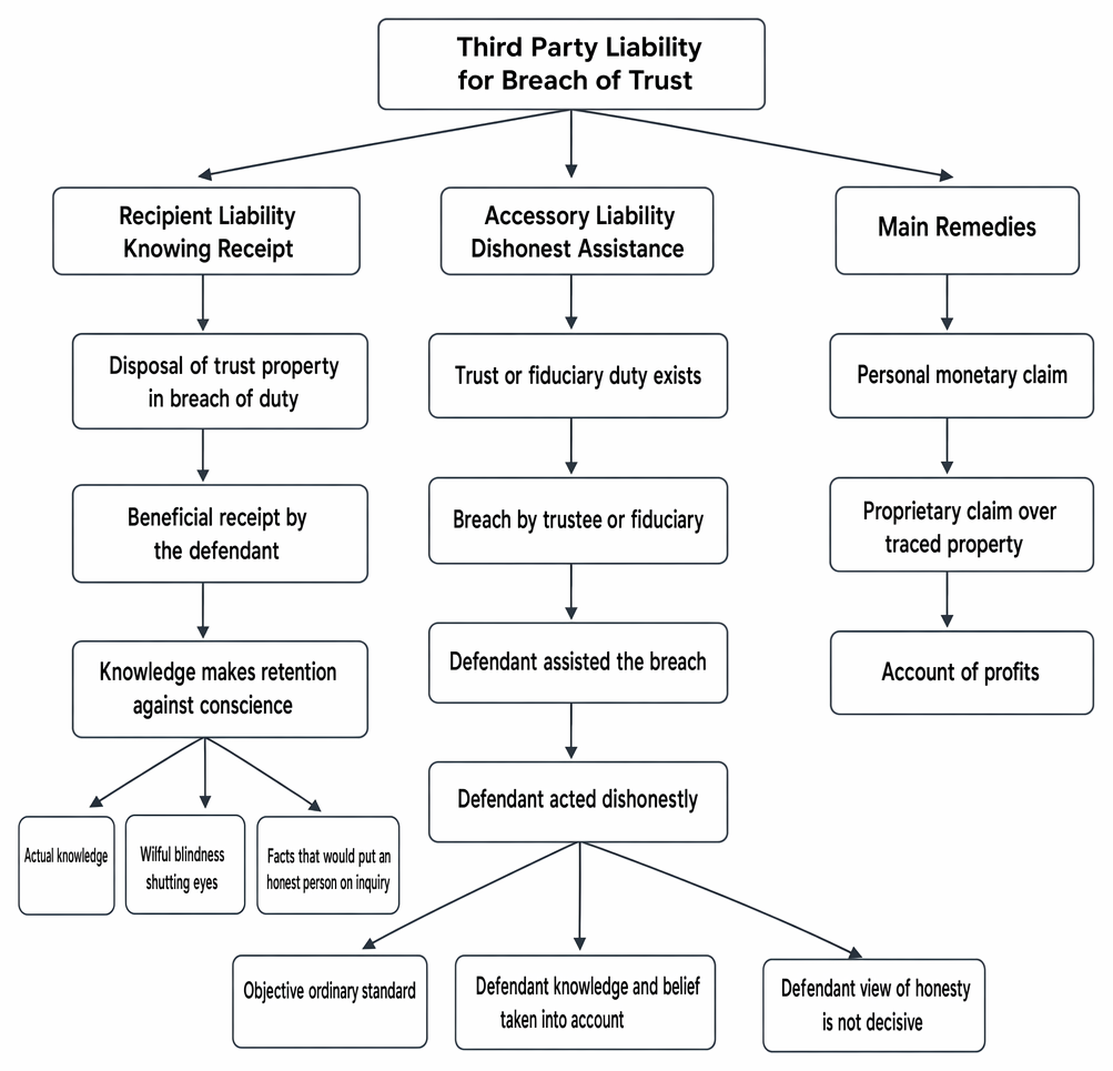 Third party liability for breach of trust, including knowing receipt, dishonest assistance, and principal personal and proprietary remedies.