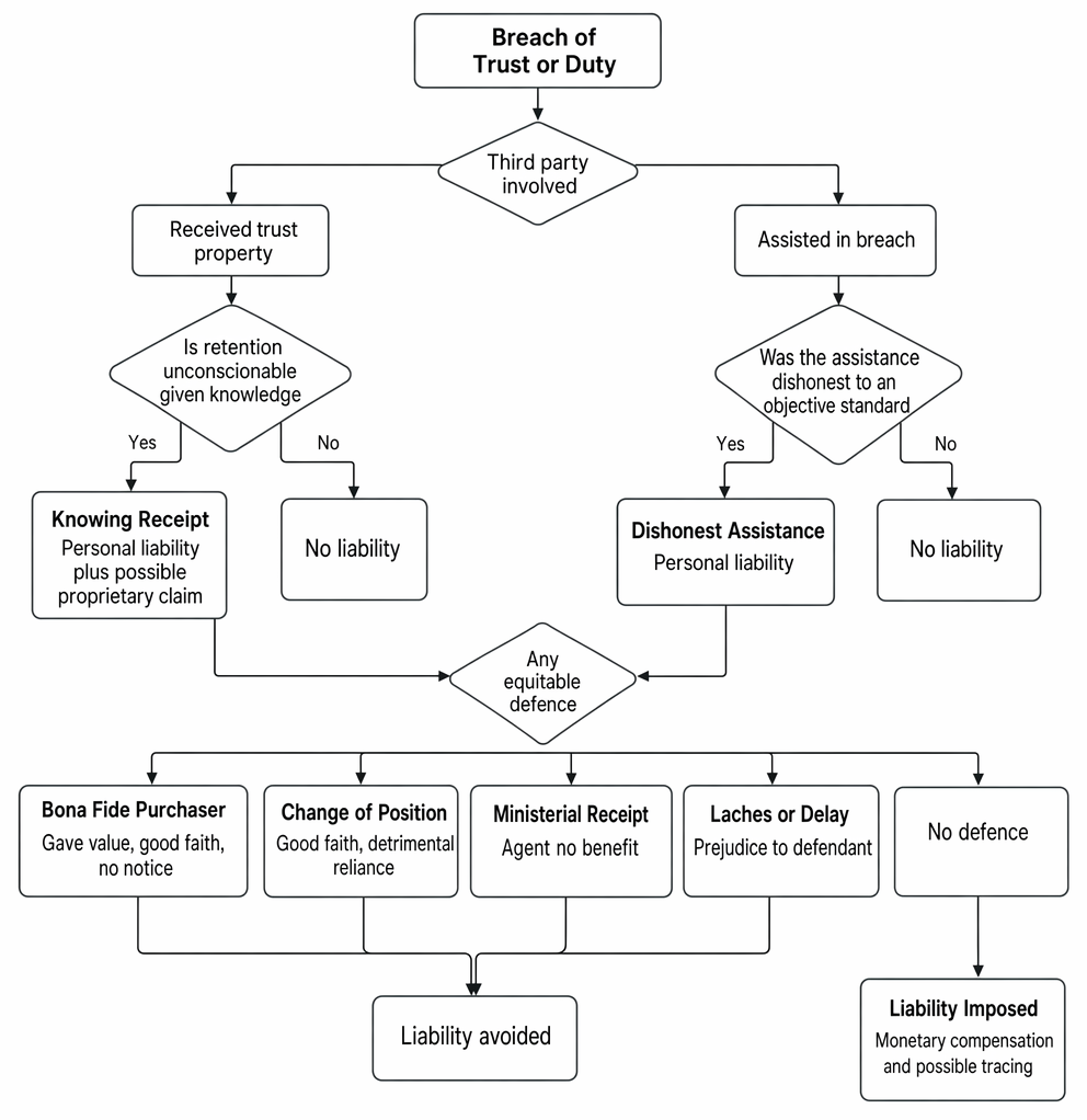 Third-party liability following breach of trust or fiduciary duty, including knowing receipt, dishonest assistance, and equitable defences for innocent volunteers.
