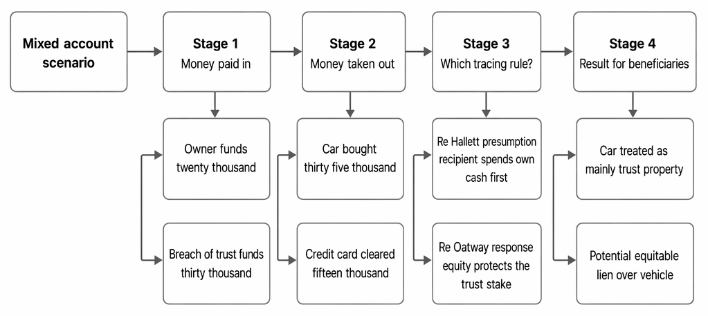 Equitable tracing in a mixed account under Re Hallett and Re Oatway, including substituted assets and beneficiaries’ proprietary remedies.