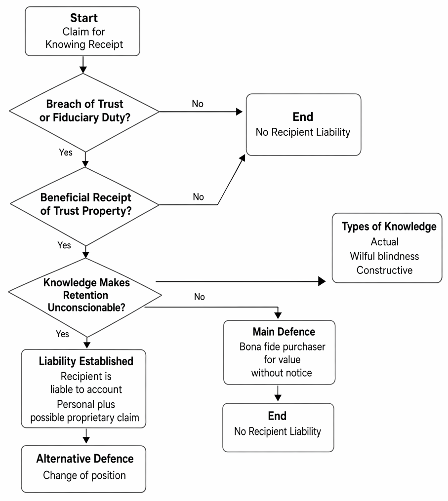 Recipient liability in knowing receipt claims: breach of trust or fiduciary duty, beneficial receipt, unconscionability, knowledge, and principal defences.