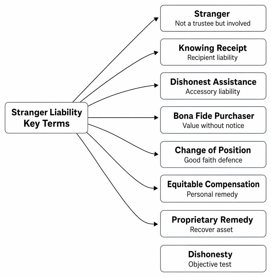 Liability of strangers to the trust, including knowing receipt, dishonest assistance, bona fide purchaser, change of position, and personal and proprietary remedies