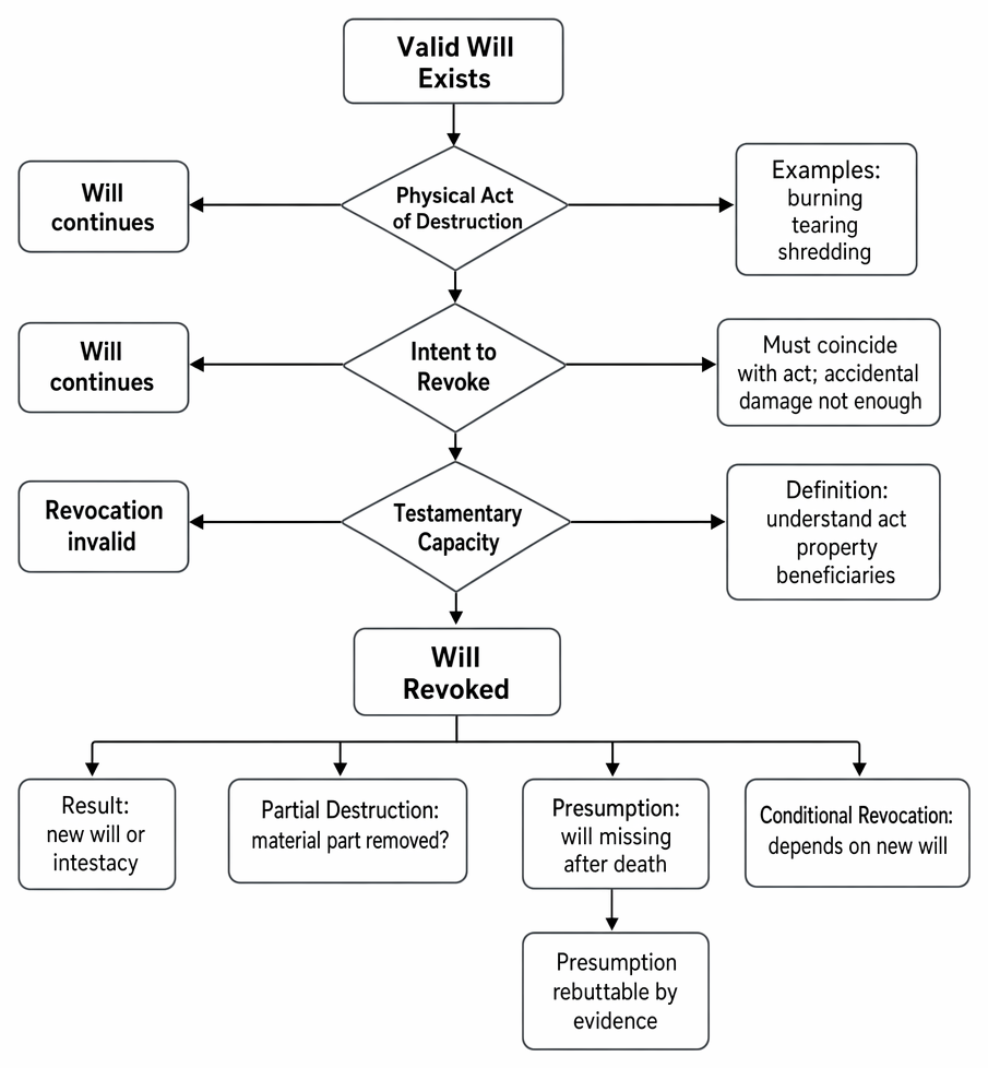 Revocation by destruction under s 20 Wills Act 1837: physical destruction, intention to revoke, testamentary capacity, and presumptions concerning missing wills.