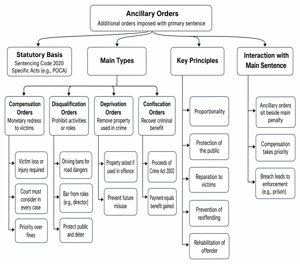 Ancillary orders in criminal sentencing, including statutory basis, compensation, disqualification, deprivation and confiscation orders, key principles, and interaction with the primary sentence.