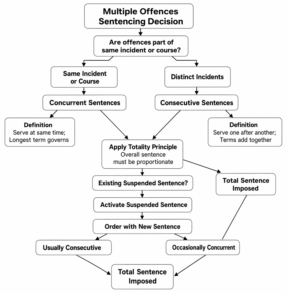Concurrent and consecutive sentencing for multiple offences, including the totality principle and activation of an existing suspended sentence.