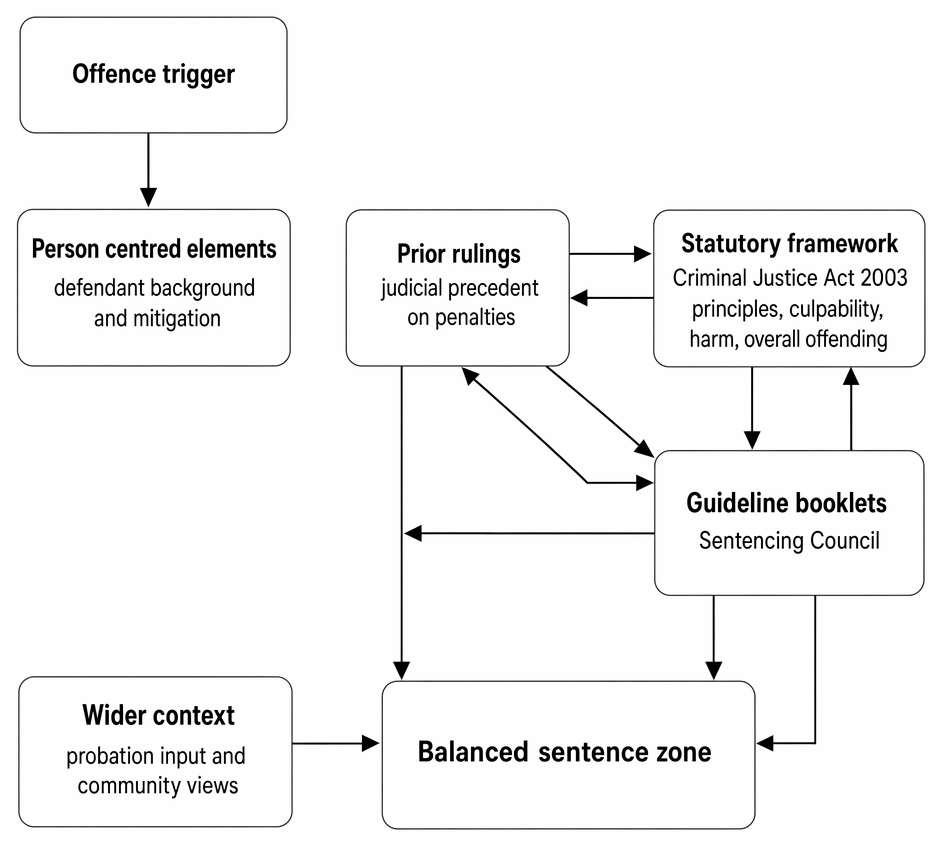 Interaction of Sentencing Council guidelines, statutory sentencing principles, judicial precedent, defendant mitigation and contextual factors in determining sentence in England and Wales