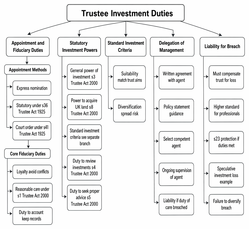Trustee investment duties, powers and liabilities under the Trustee Act 1925 and Trustee Act 2000, including appointment, standard criteria, delegation and breach.