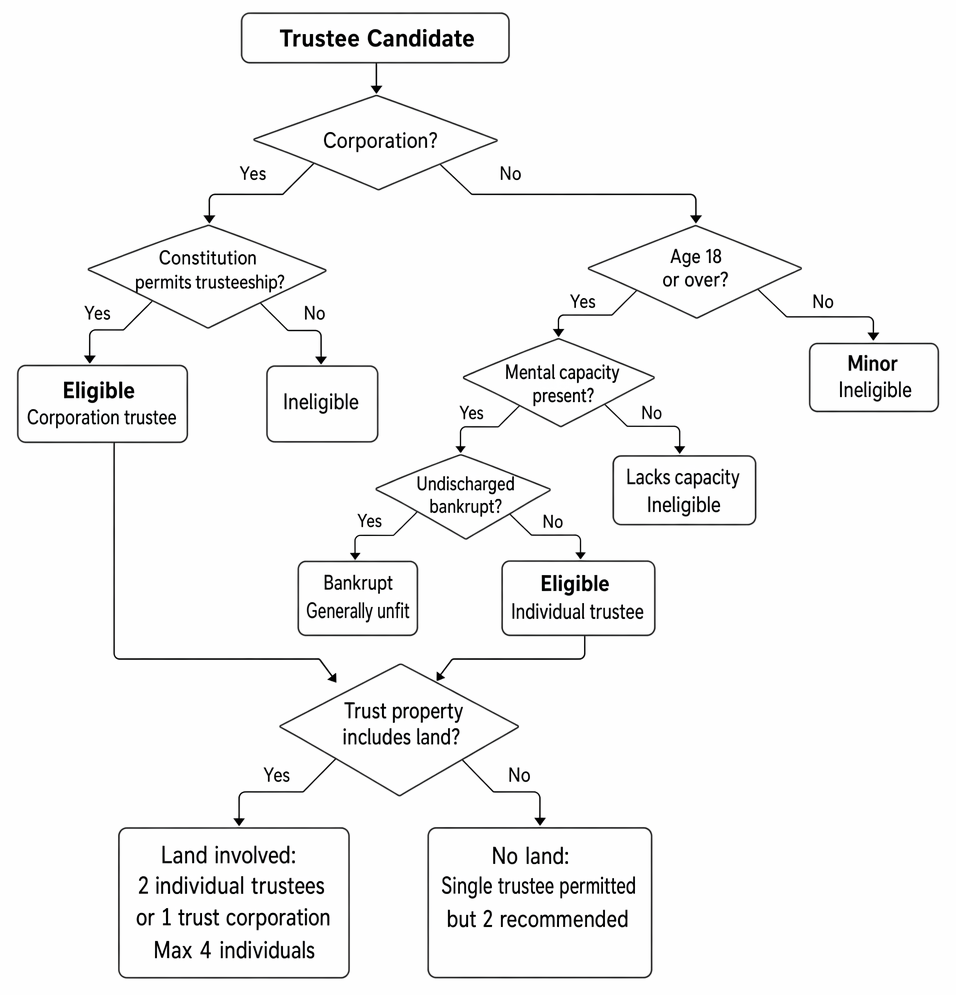Eligibility of individual and corporate trustees, including age, mental capacity, undischarged bankruptcy, and trustee-number requirements for trusts of land.