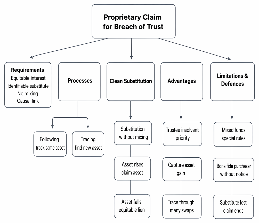 Proprietary claims for breach of trust: requirements, following and tracing, clean substitutions, remedies, and principal limitations and defences.