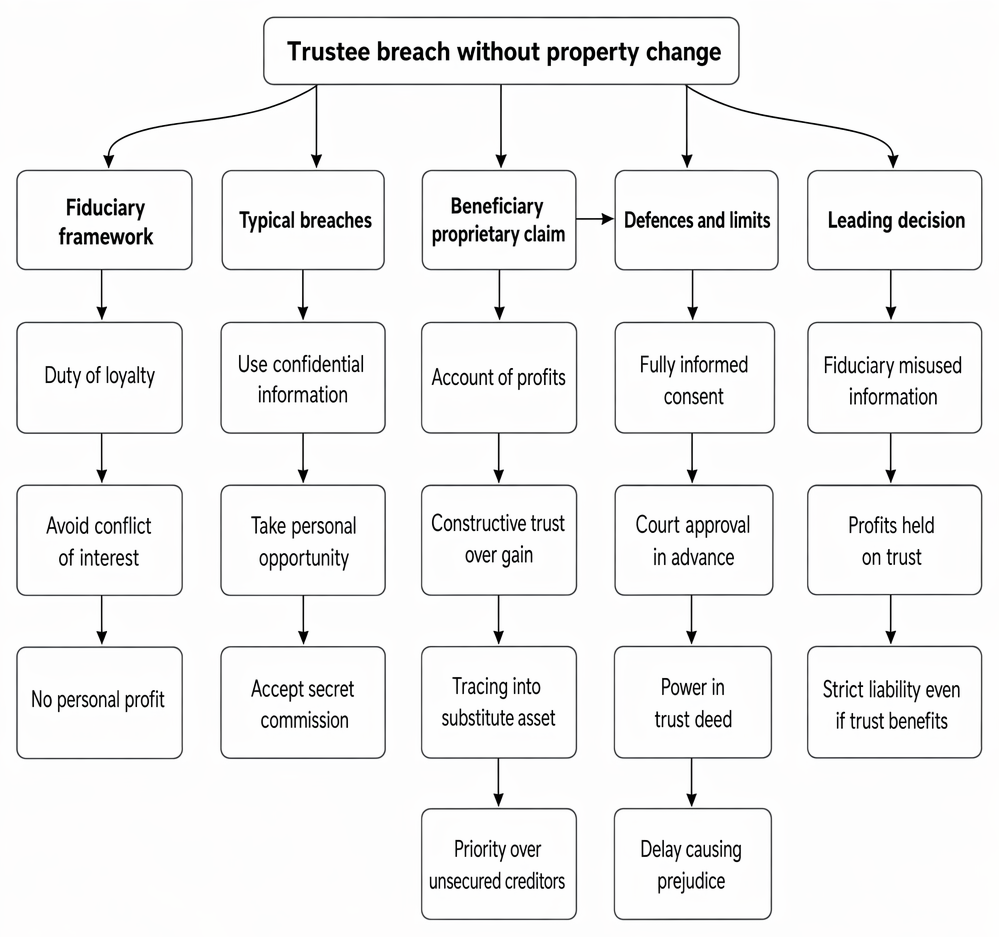 Trustee liability for unauthorised fiduciary profits without change to trust property, including proprietary claims, defences, and Boardman v Phipps.
