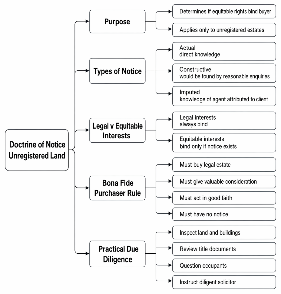 Doctrine of notice in unregistered land, including actual, constructive and imputed notice, the bona fide purchaser rule, and purchaser due diligence.