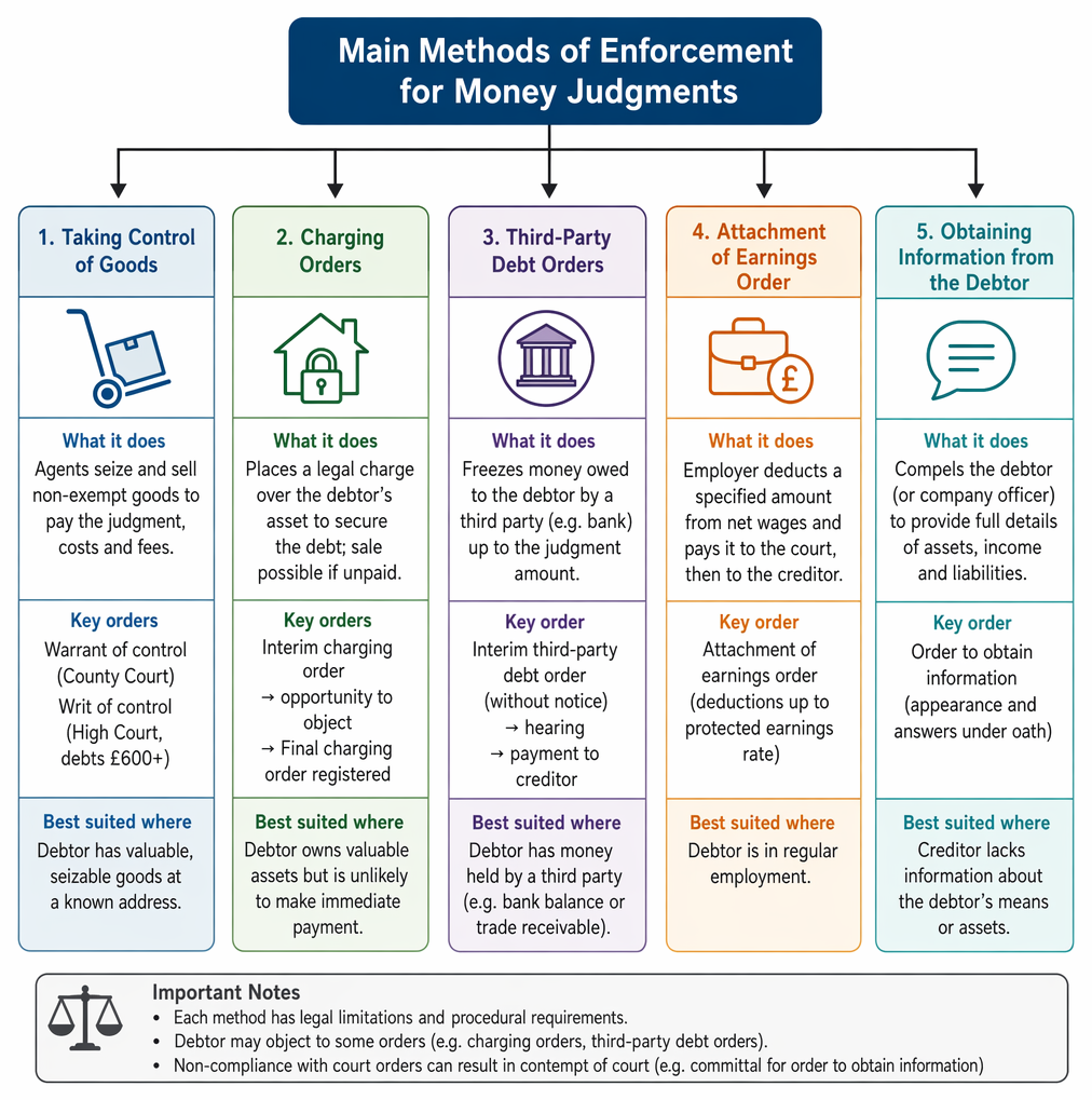 Money judgment enforcement pathway linking debtor circumstances to attachment of earnings, third-party debt orders, warrants or writs of control, charging orders, insolvency, or negotiation.