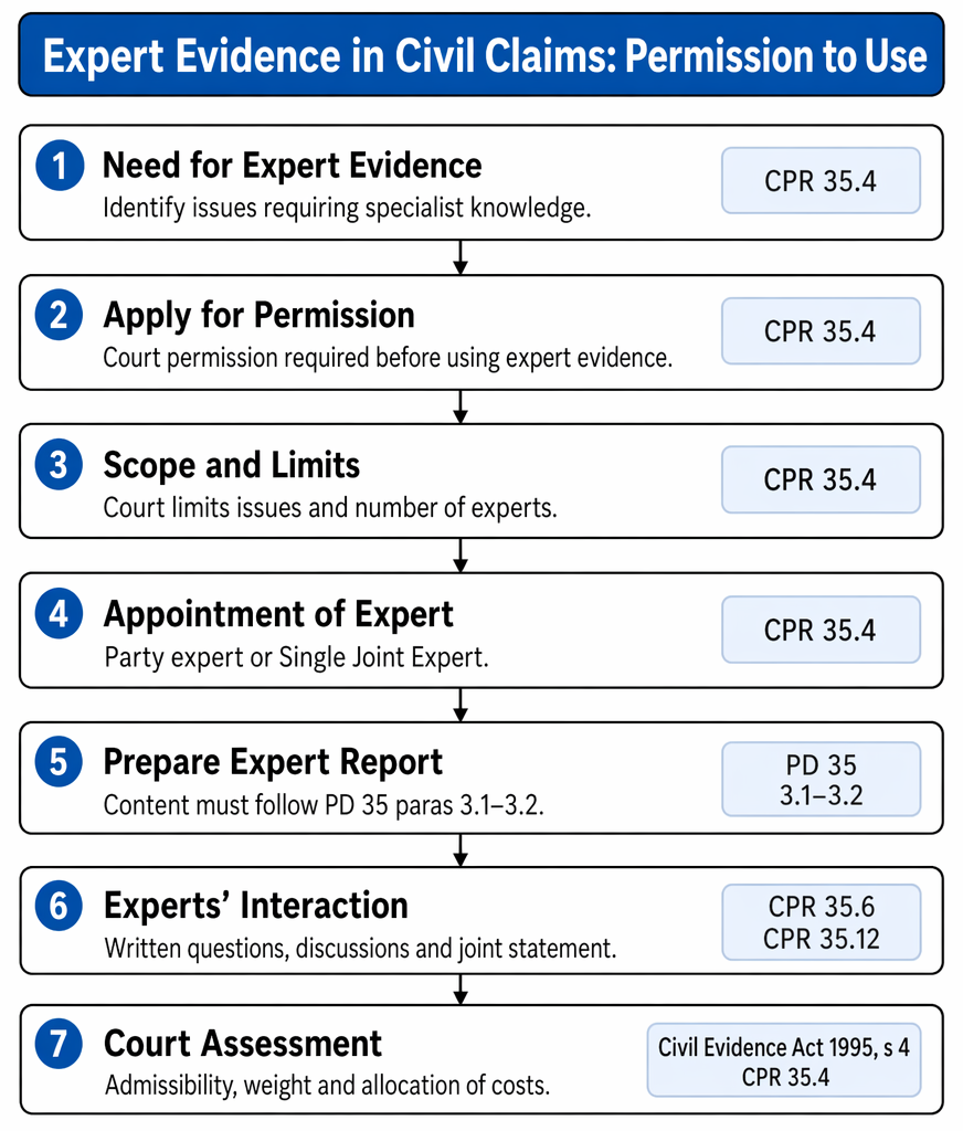 Court control of expert evidence, including single joint expert direction, joint instructions and shared fees, or separate experts with report exchange and issue-narrowing meetings.