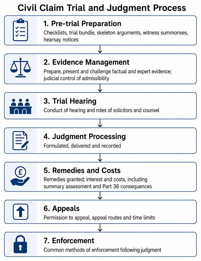 Civil trial hearing stages from judicial confirmation of issues and timetable to evidence, submissions, judgment, sealed order, and enforcement if required.