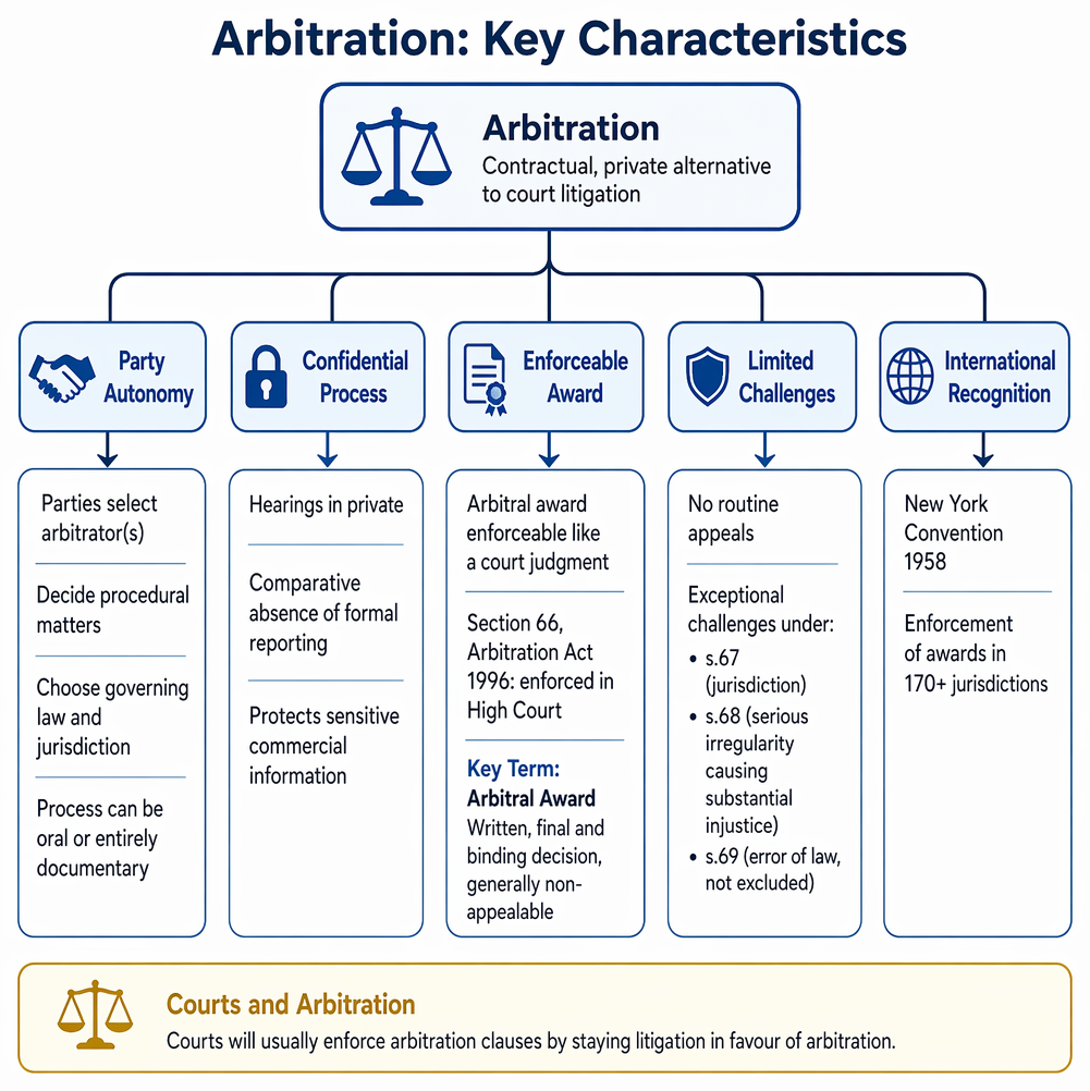 Dispute resolution methods comparing arbitration, mediation, and litigation by confidentiality, binding effect, enforceability, party control, appeals, and procedural features.