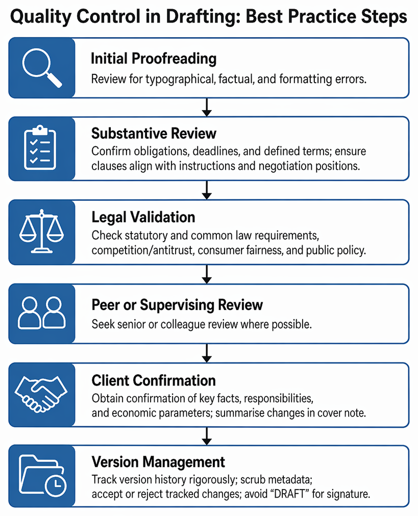 Contract drafting quality-control pathway from clear terms and precise language to enforceability, with branches for uncertainty, ambiguity, and unmet formalities.
