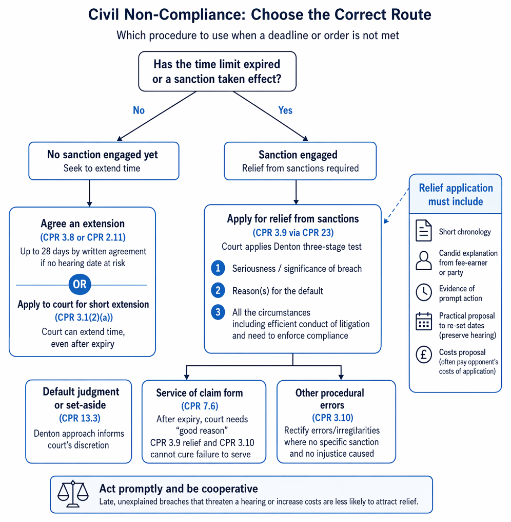 Relief from sanctions under CPR 3.9 assessed by breach seriousness, reasons for default, all circumstances, promptness, and the grant or refusal outcome.