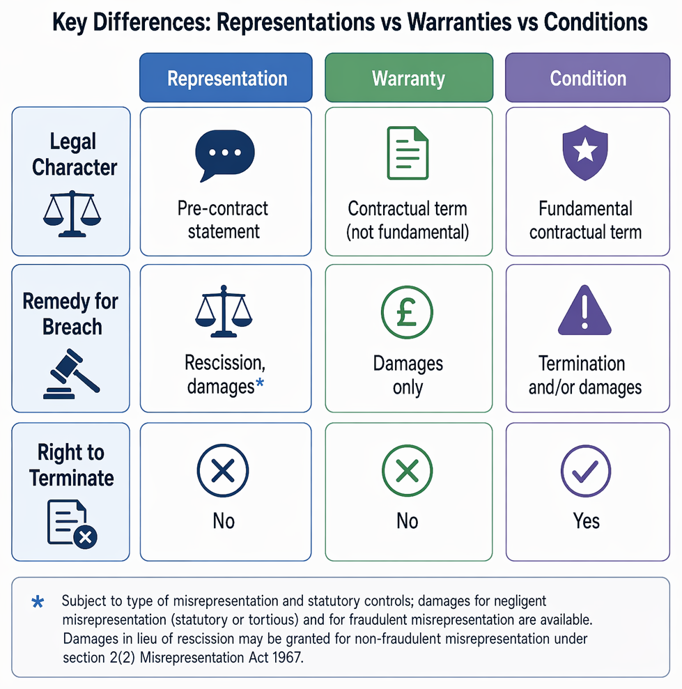 Misrepresentation classified as fraudulent, negligent, or innocent, with remedies of rescission and damages, or rescission with possible damages.