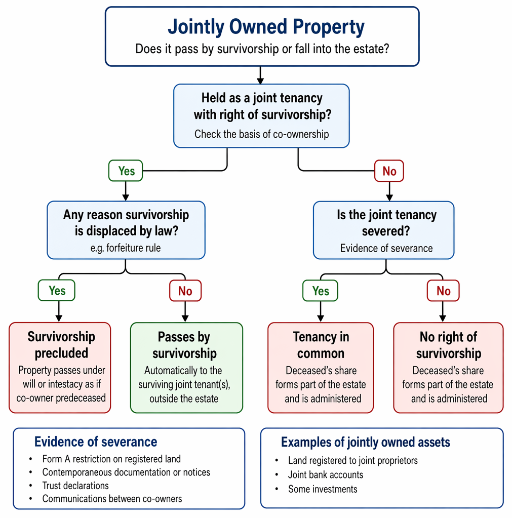 Co-owned property on death: joint tenancy passes to the survivor outside the estate; tenancy in common places the deceased’s share in the estate.