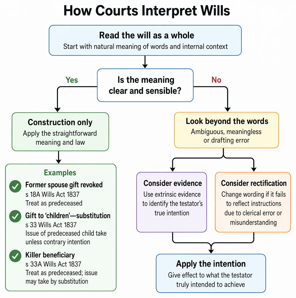 Admissibility of extrinsic evidence where a will provision is meaningless or contains patent or latent ambiguity, and exclusion where no ambiguity exists.