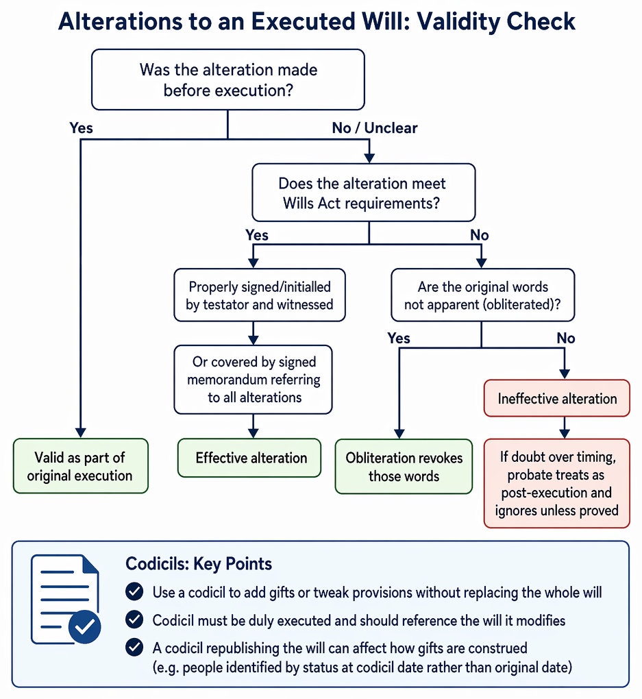 Will execution witnessing requirements, witness competence, and the effect of beneficiary or spouse/civil partner witnesses on validity and gifts.