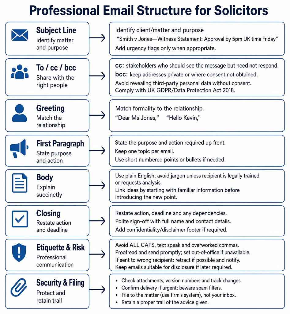 Letters, emails, and internal memoranda drafting sequence from header and subject heading through summary, numbered paragraphs, defined terms, action points, closing, and proofreading.