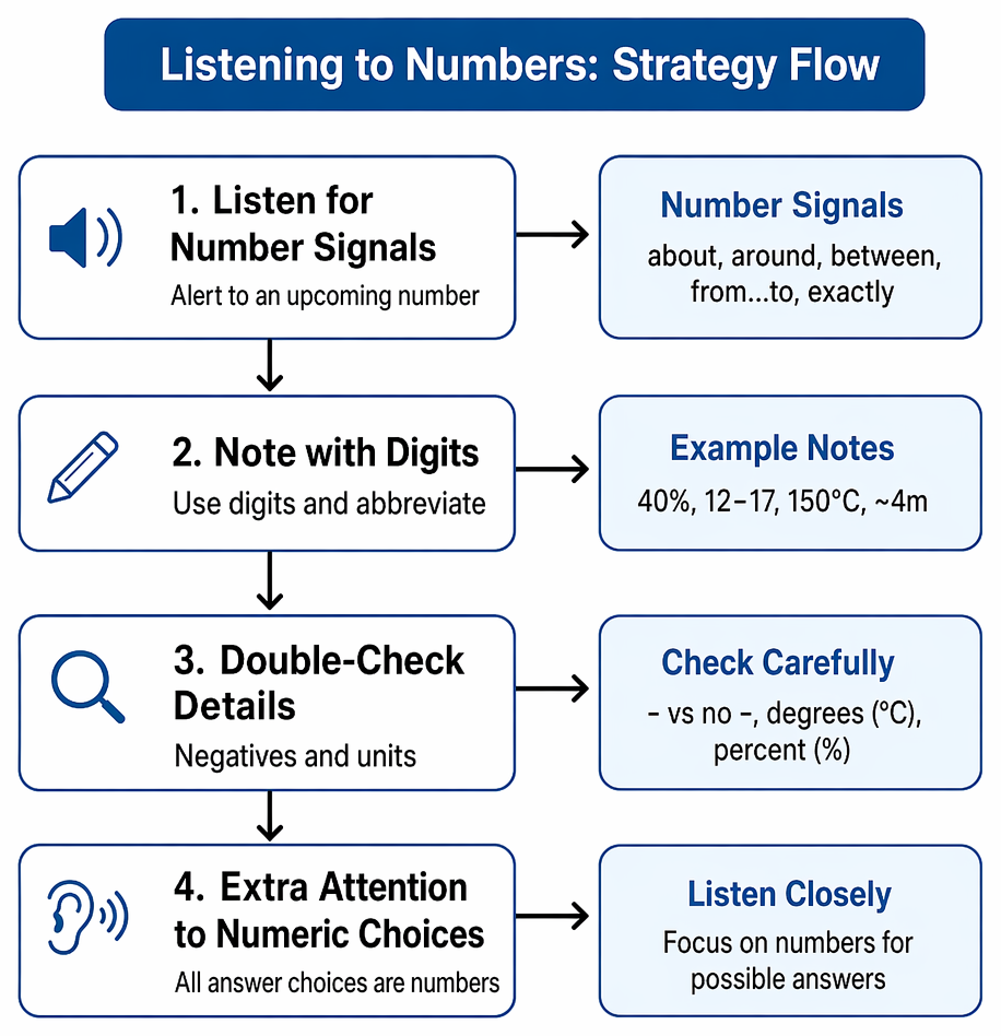 Recognition and note-taking of important listening details, including repetition, spelling, definitions, and precise notation of numbers, names, and technical terms.