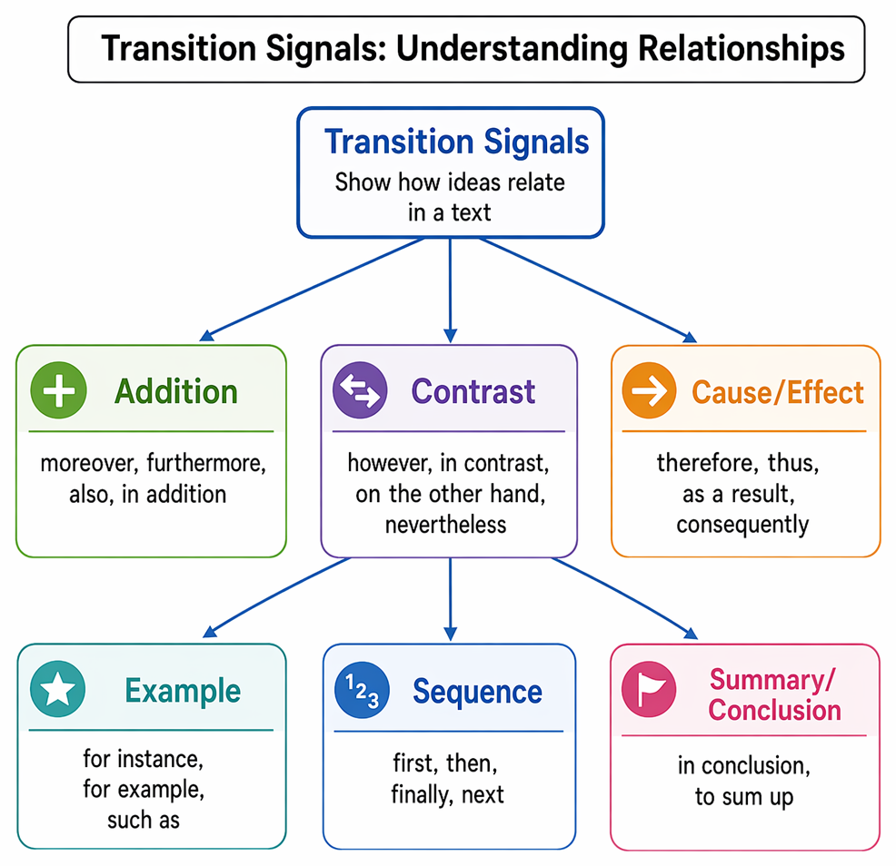 Transition-signal selection by discourse relation: contrast, cause-effect, addition, exemplification, sequence, summary, or reevaluation.