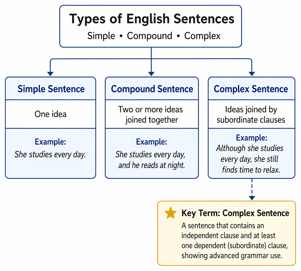 Grammar range includes sentence types, voice, conditionals, relative clauses, and reduced clauses; sentence types comprise simple, compound, complex, and compound-complex forms.