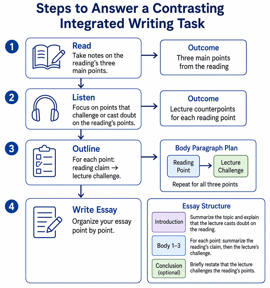Integrated writing workflow: note three reading points, record lecture counterpoints, pair them in an outline, then draft introduction, body paragraphs, and conclusion.